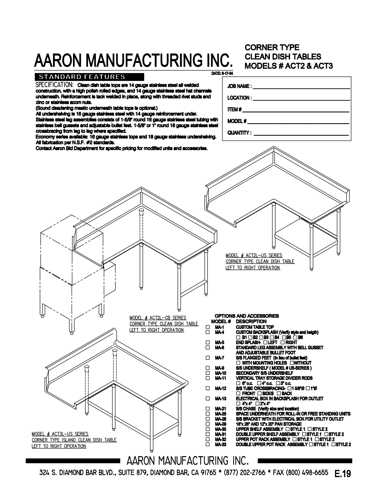 Aaron Manufacturing ACT2L-42-CB User Manual