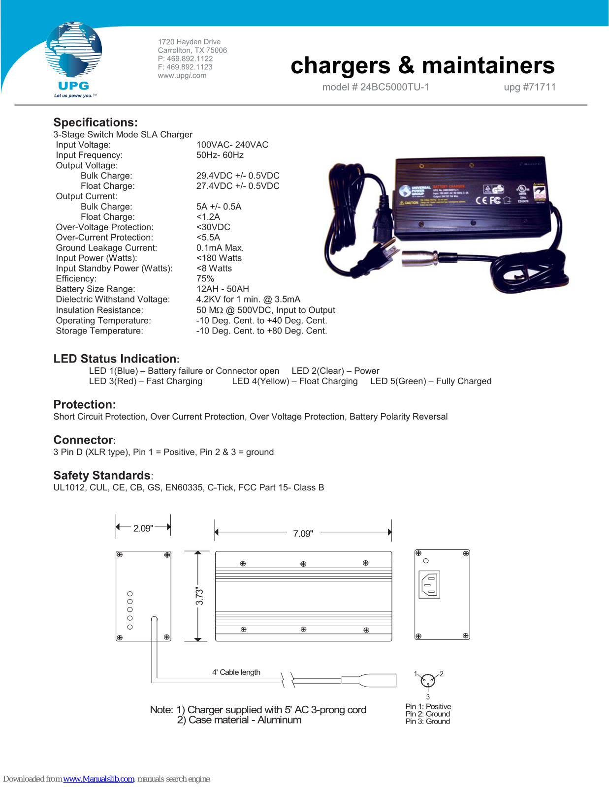 Universal Electronics 3-Stage Switch Mode SLA Charger 24BC5000TU, 24BC5000TU-1 Specification Sheet