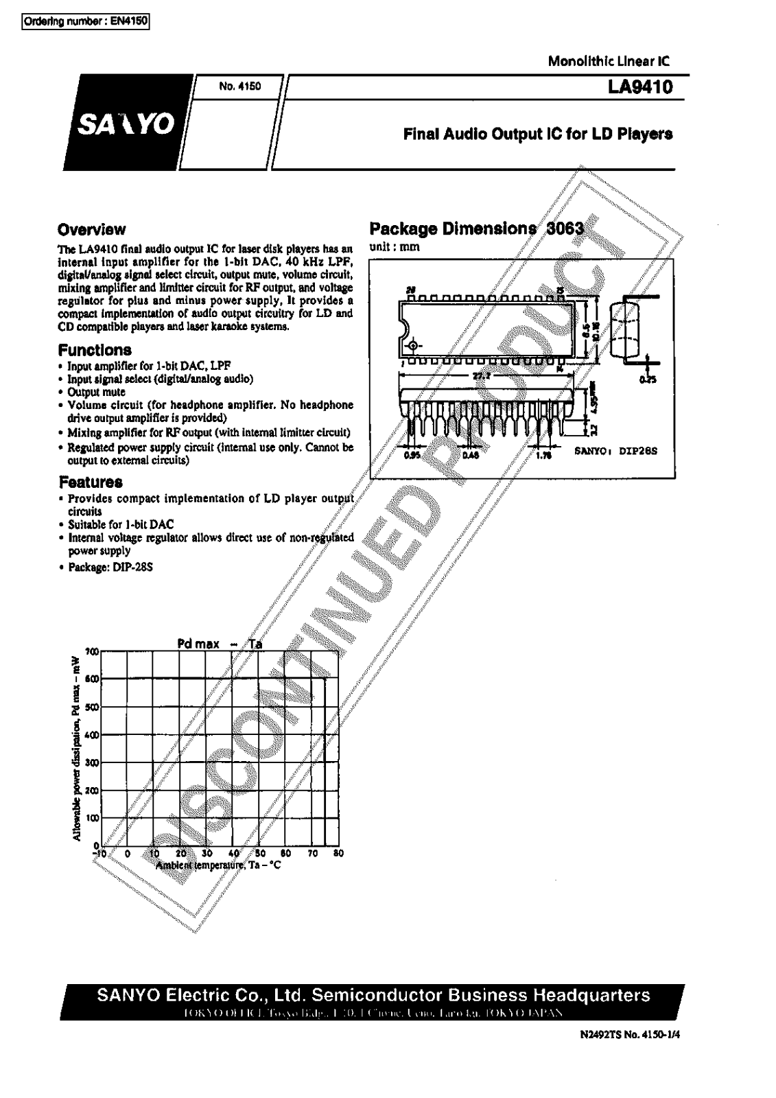 Sanyo LA9410 Specifications