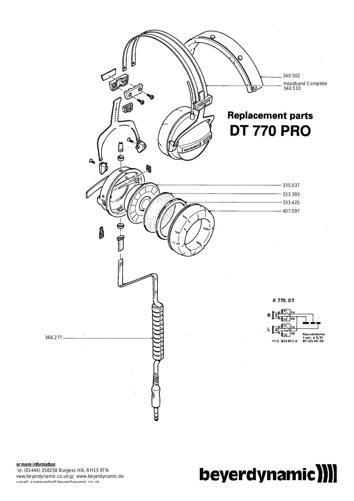 Beyerdynamic DT 770 REPLACEMENT PART User Manual