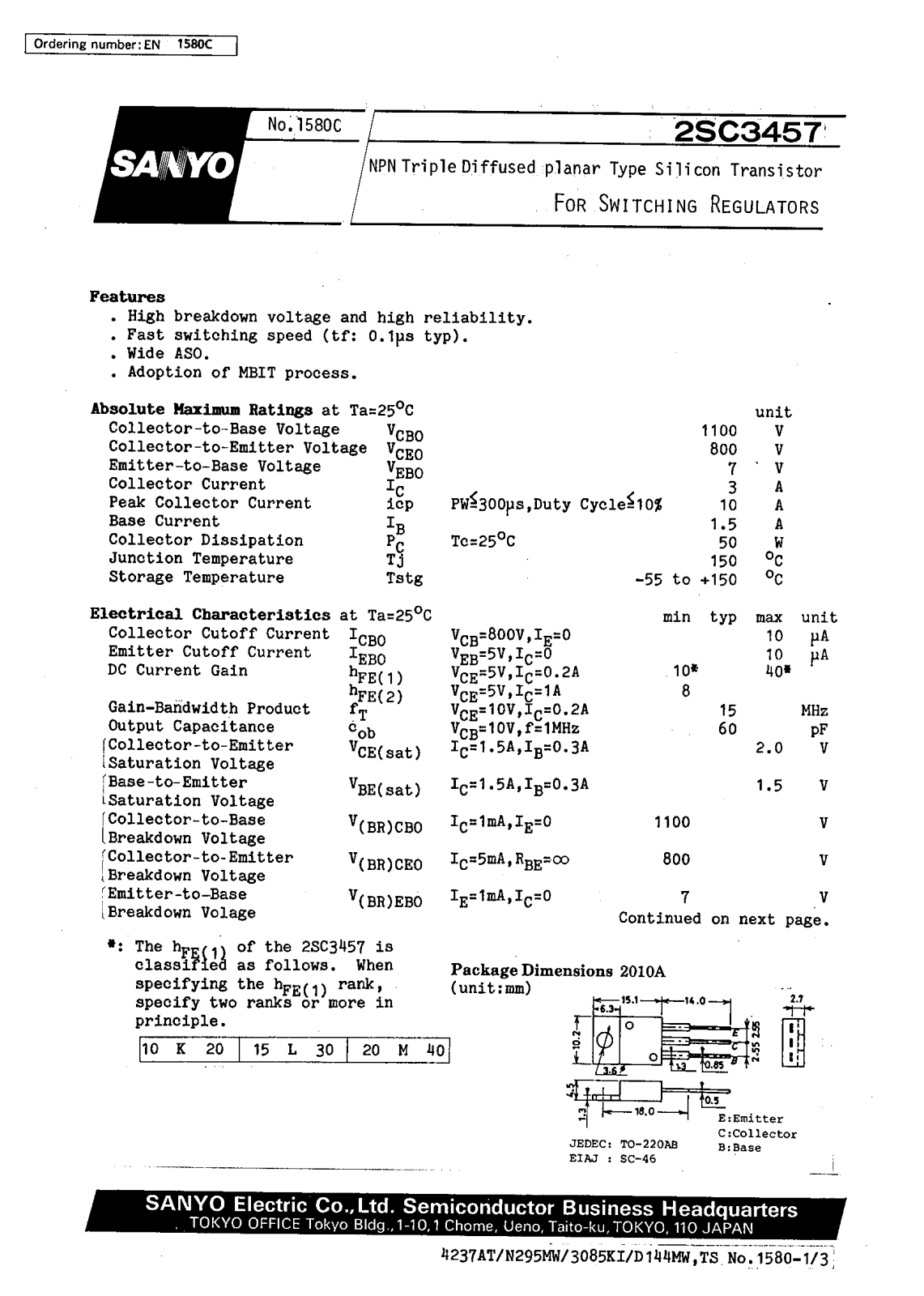 SANYO 2SC3457 Datasheet