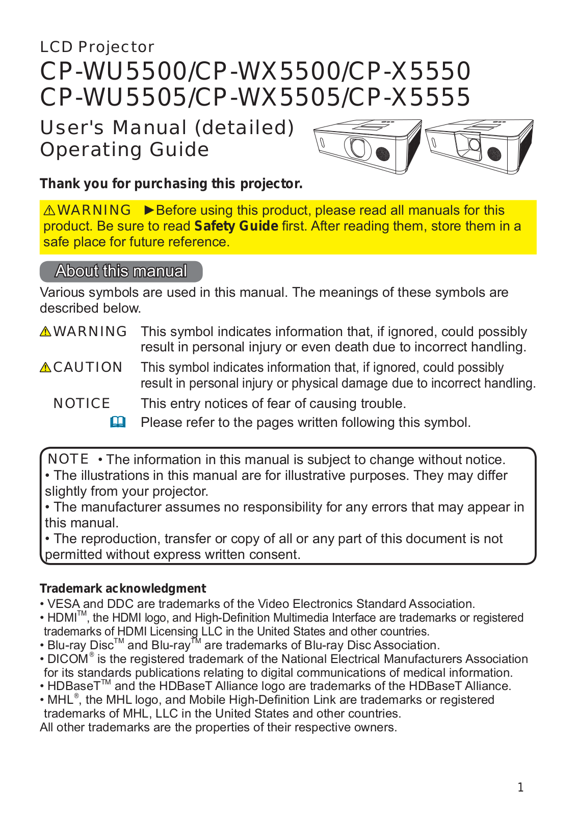 Hitachi CP-WU5500, CP-WX5500, CP-X5550, CP-WU5505, CP-WX5505 Operating Instruction