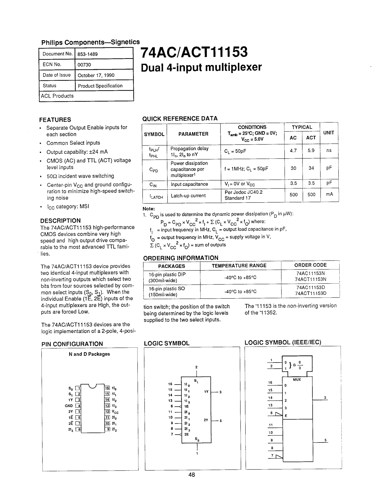 Philips 74ACT11153D, 74AC11153N, 74AC11153D Datasheet