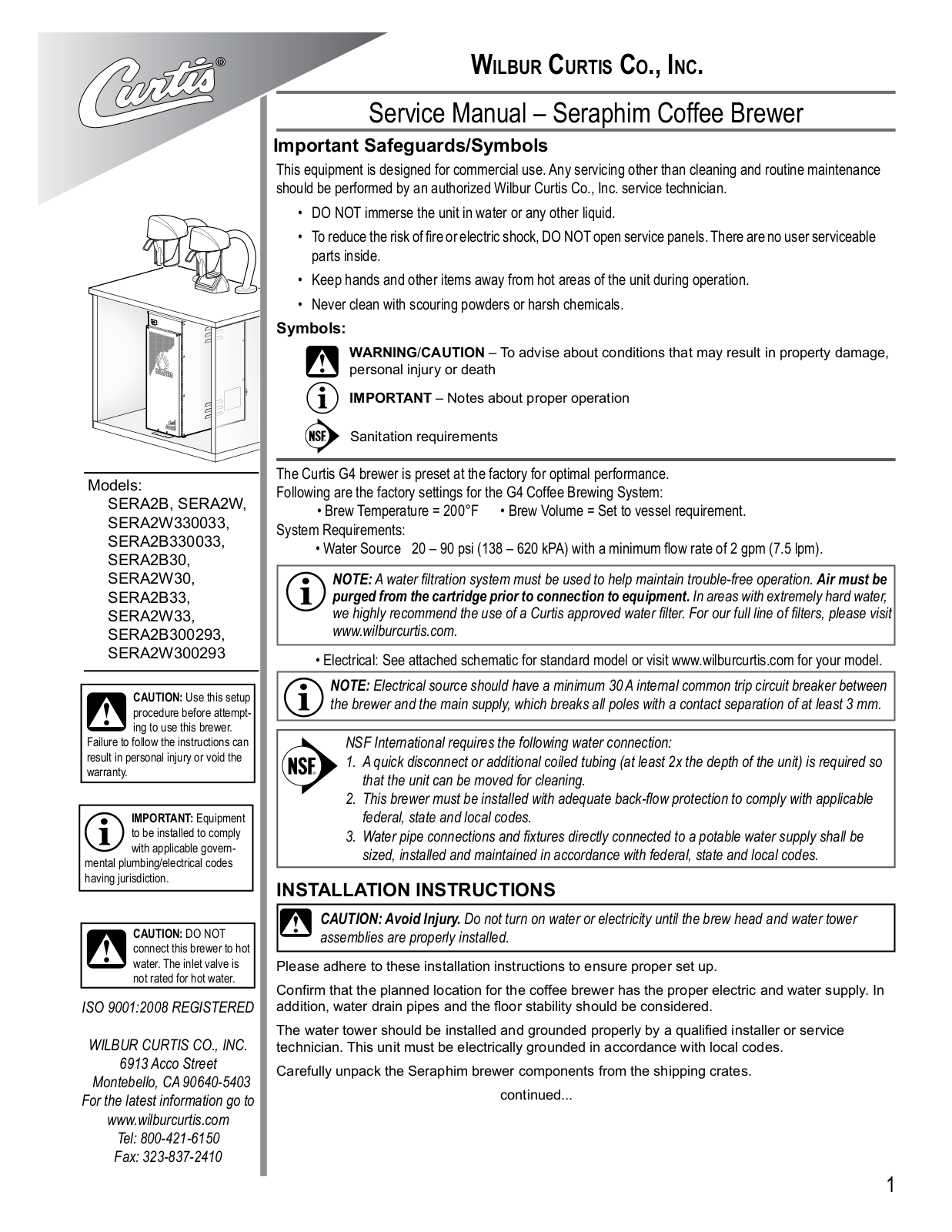 Wilbur Curtis SERA2B30 Service Manual