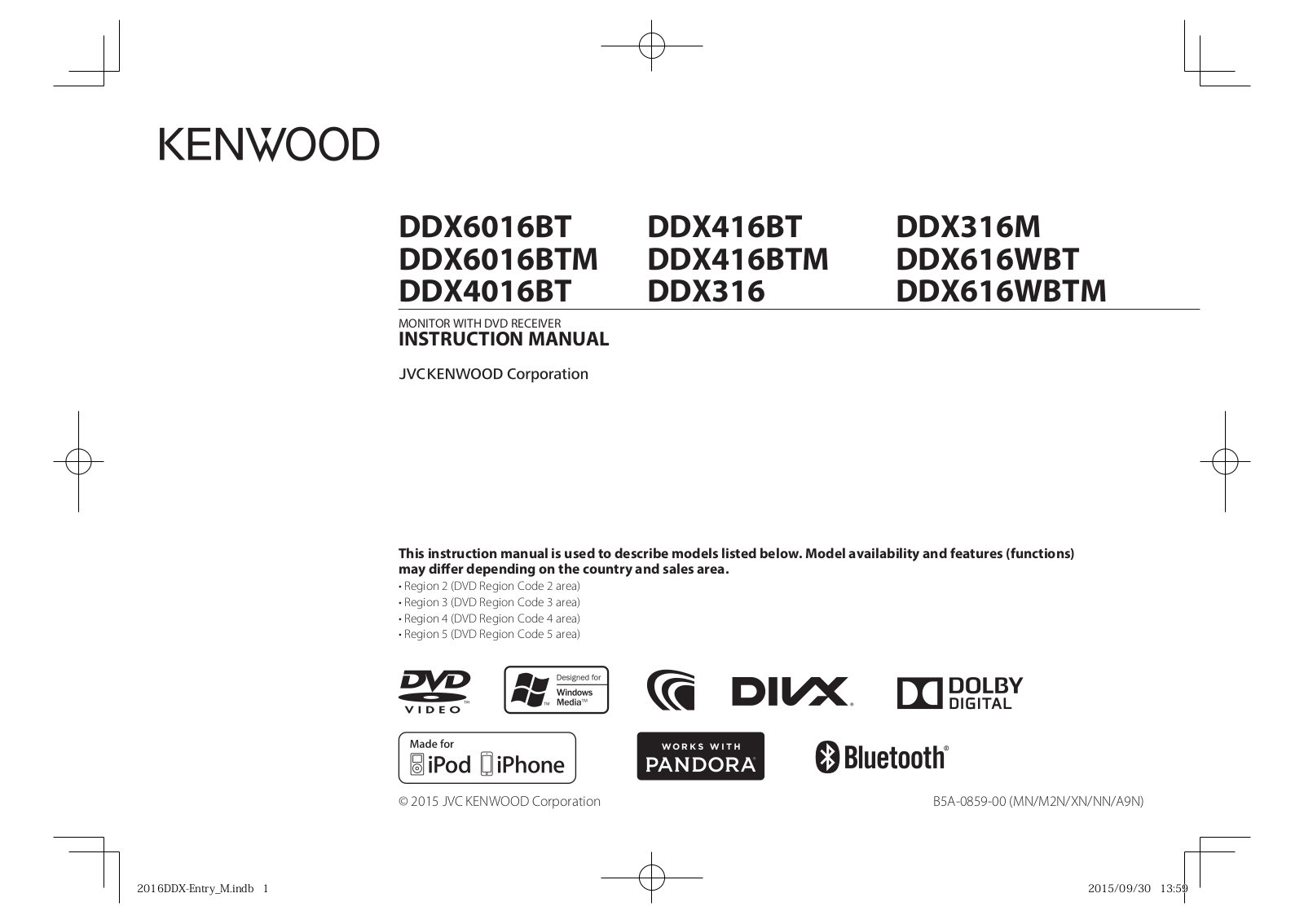 Kenwood DDX4016BT, DDX316M, DDX316, DDX416BT, DDX616WBTM Manual