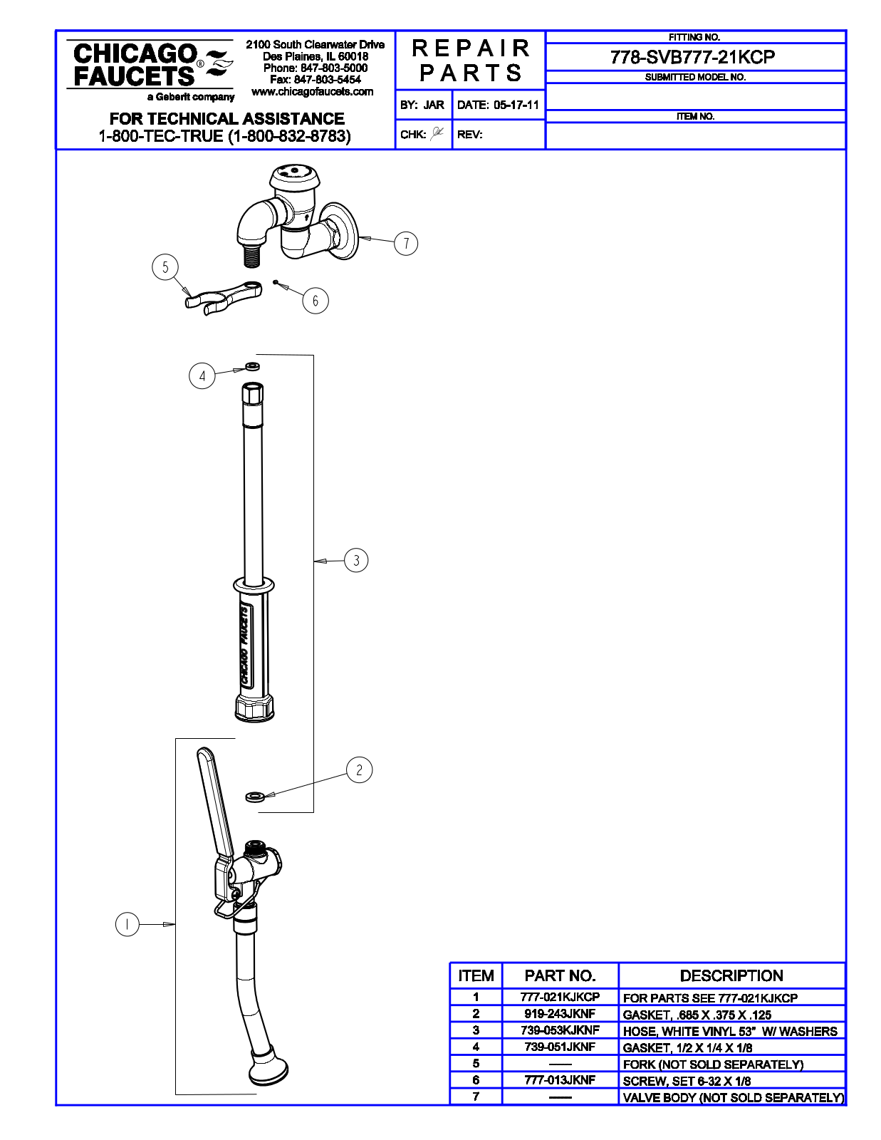 Chicago Faucet 778-SVB777-21KCP Parts List