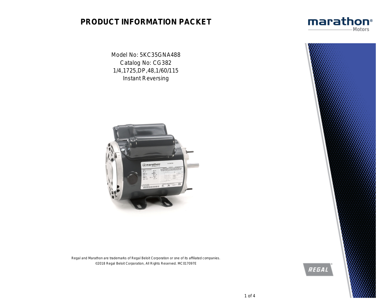 Marathon Electric 5KC35GNA488 Product Information Packet