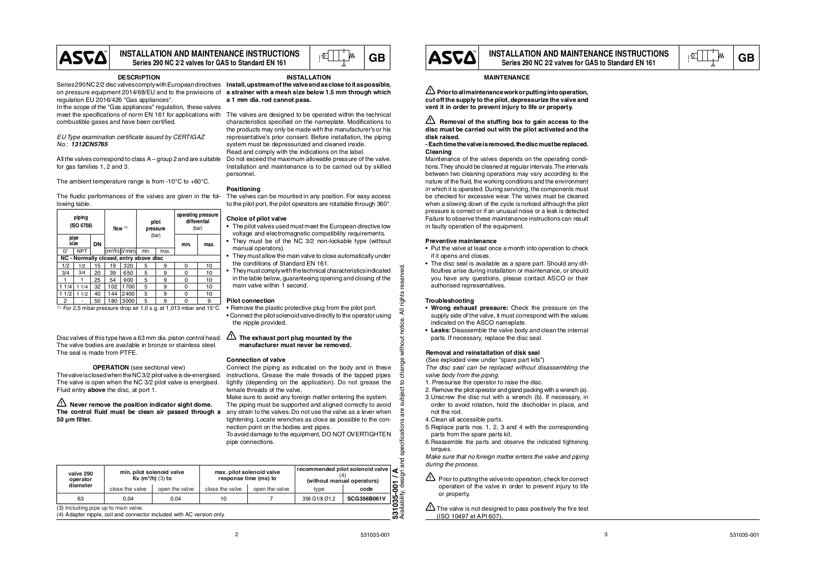 ASCO European Installation Manual: Series 290 Pressure Operated Valve EN161 for Entry Above The Disc Manuals & Guides