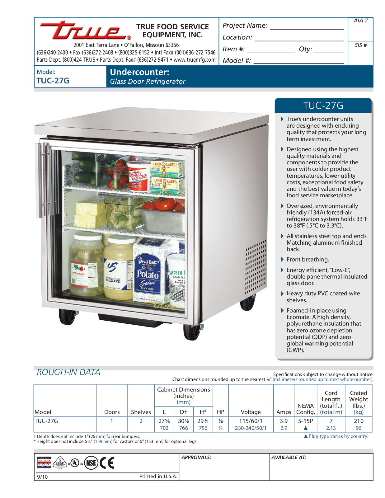 True TUC-27G Specifications