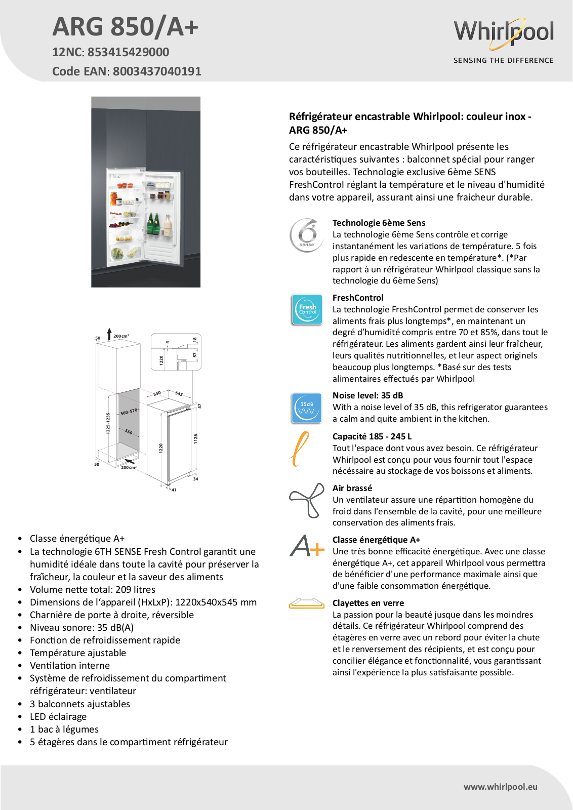 Whirlpool ARG 850/A+ Product information