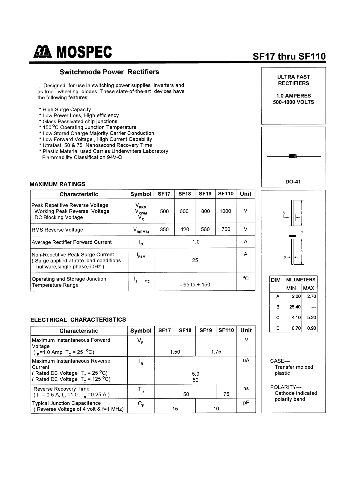 MOSPEC SF110, SF17, SF18, SF19 Datasheet