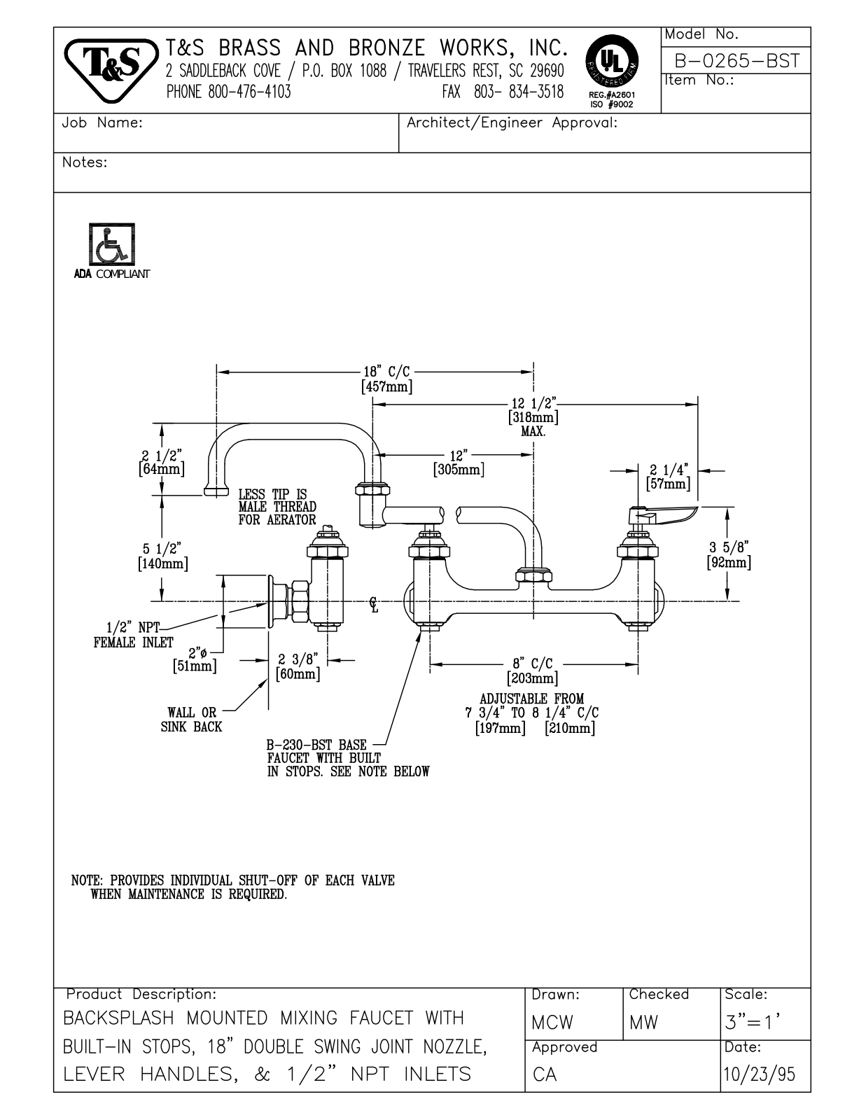 T & S Brass & Bronze Works B-0265-BST General Manual