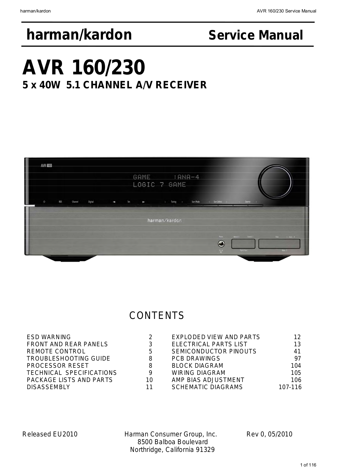 Harman Kardon AVR-160-230 Service Manual