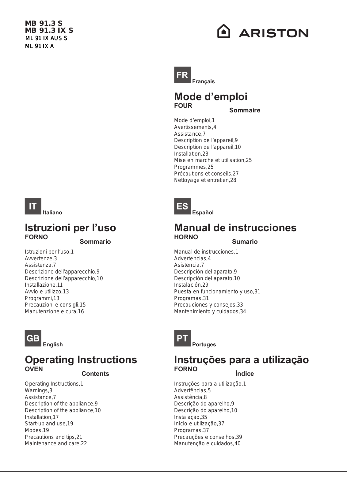 HOTPOINT ML 91 IX A, ML 91 IX AUS S User Manual