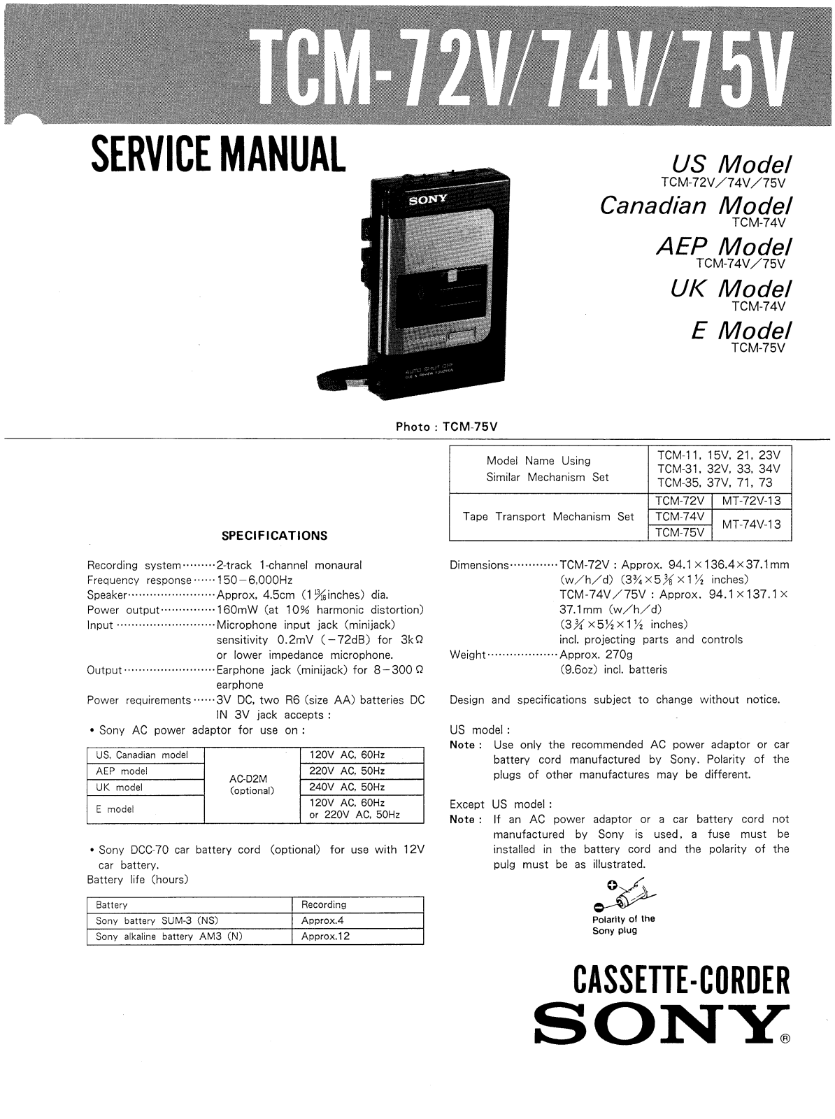 Sony TCM-75-V Service manual