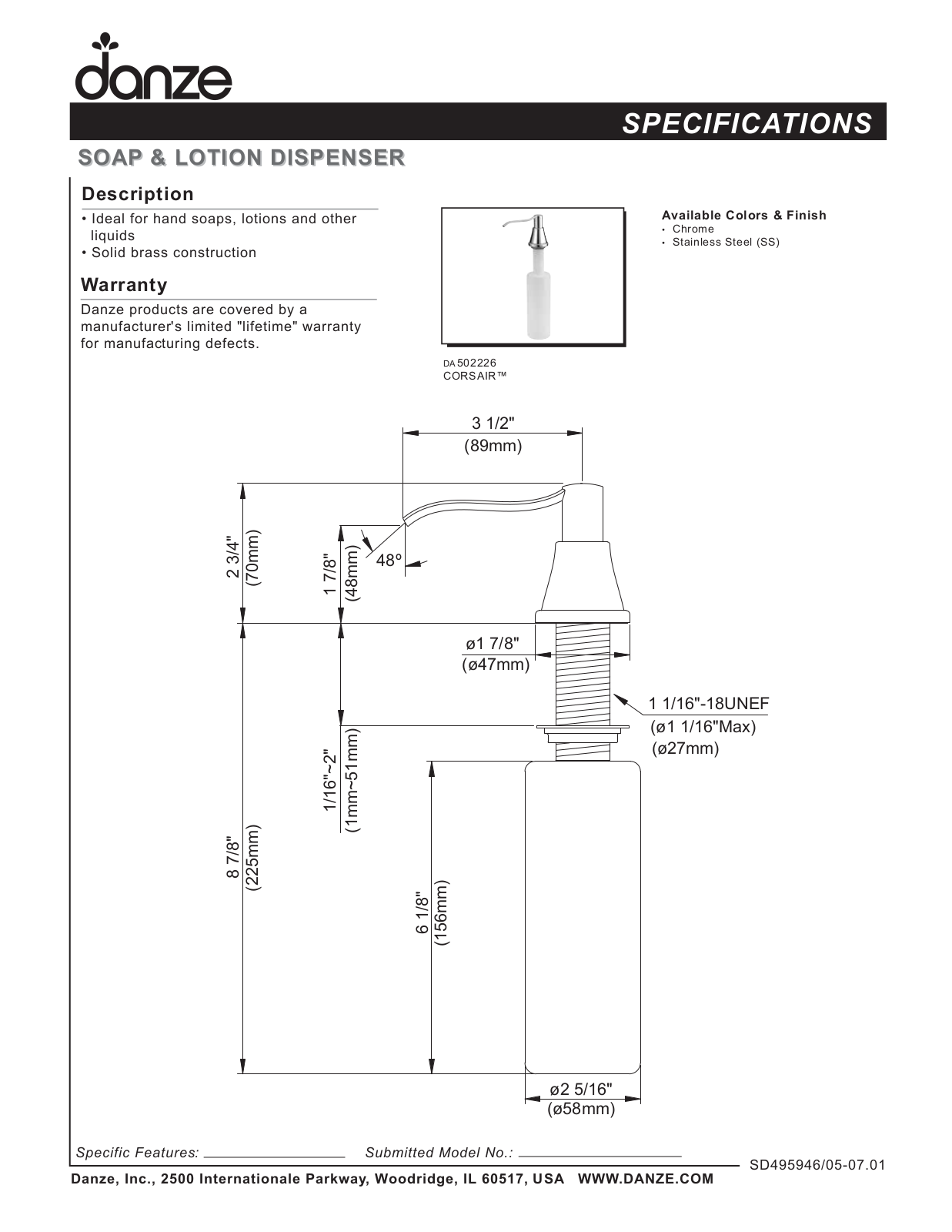 Danze DA502226SS Specs