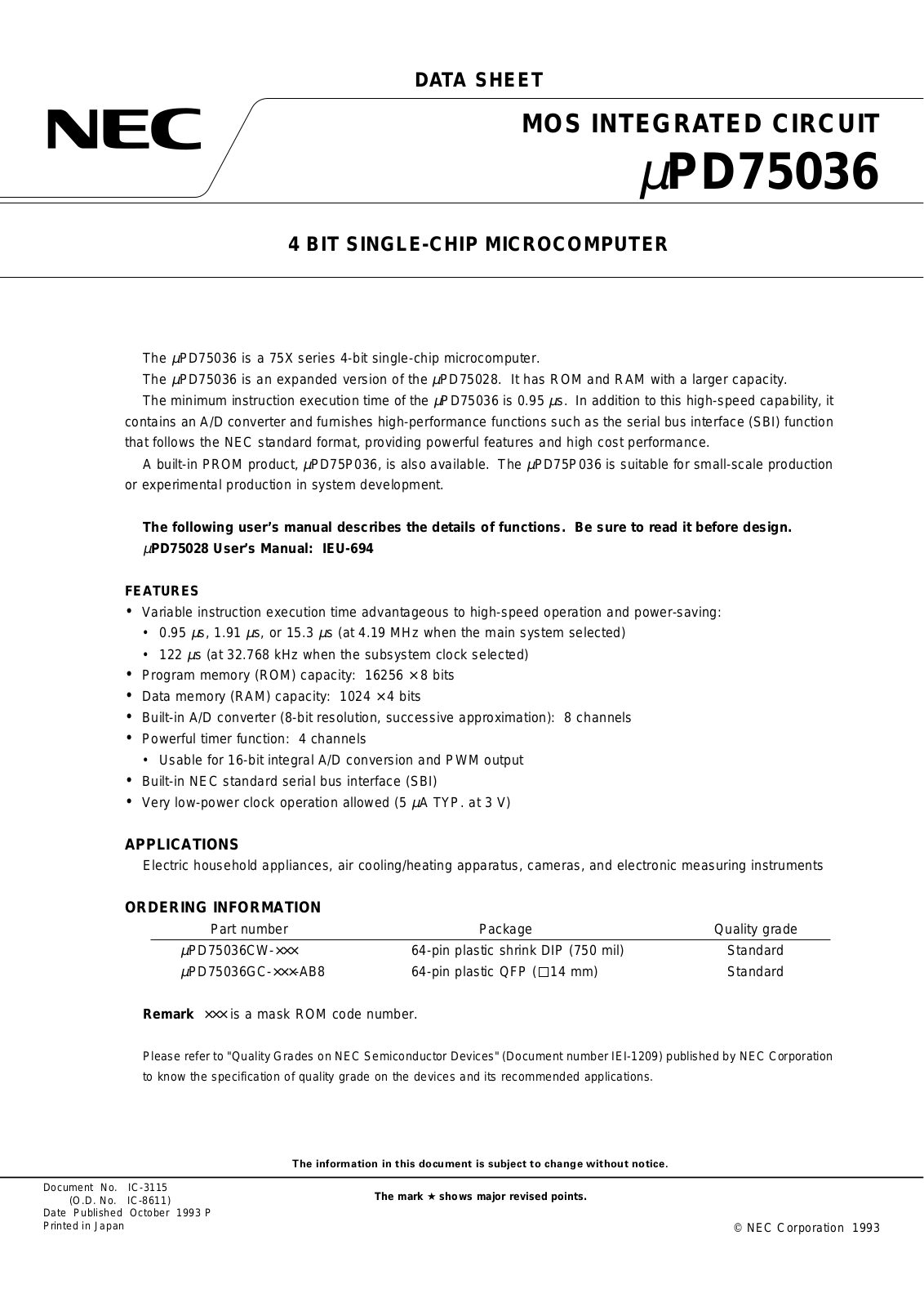 NEC UPD75036GC-XXX-AB8, UPD75036GC-A-XXX-AB8, UPD75036CW-XXX Datasheet