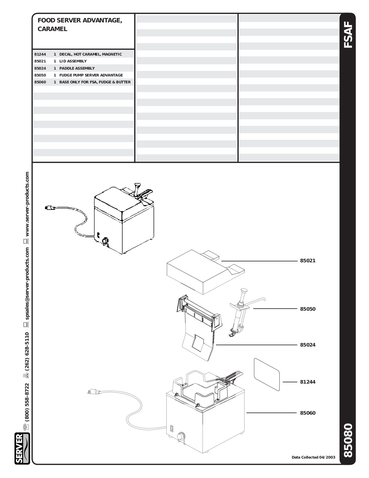 Server Products 85080 Parts List