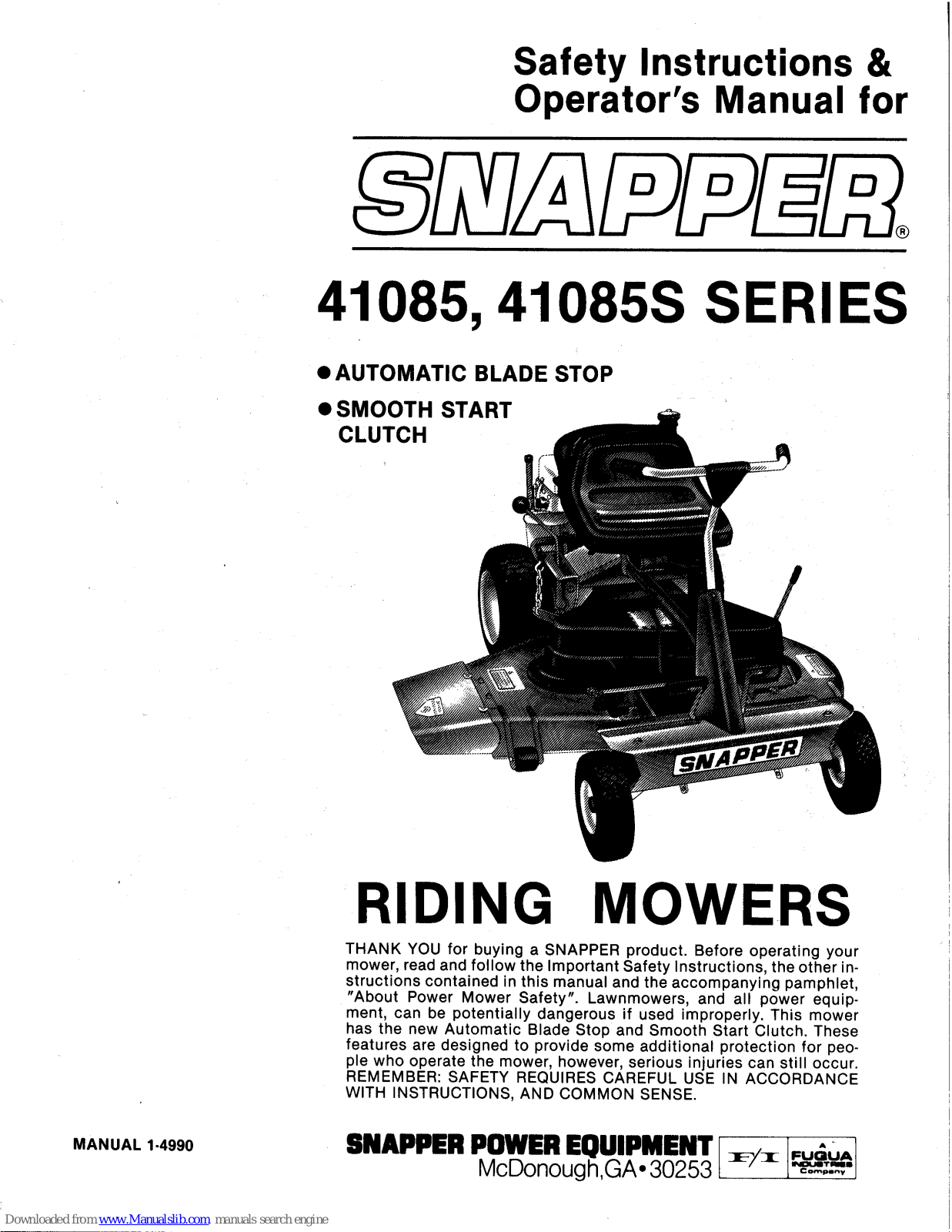 Snapper 41085S Series, 41085 Series Safety Instructions & Operator's Manual