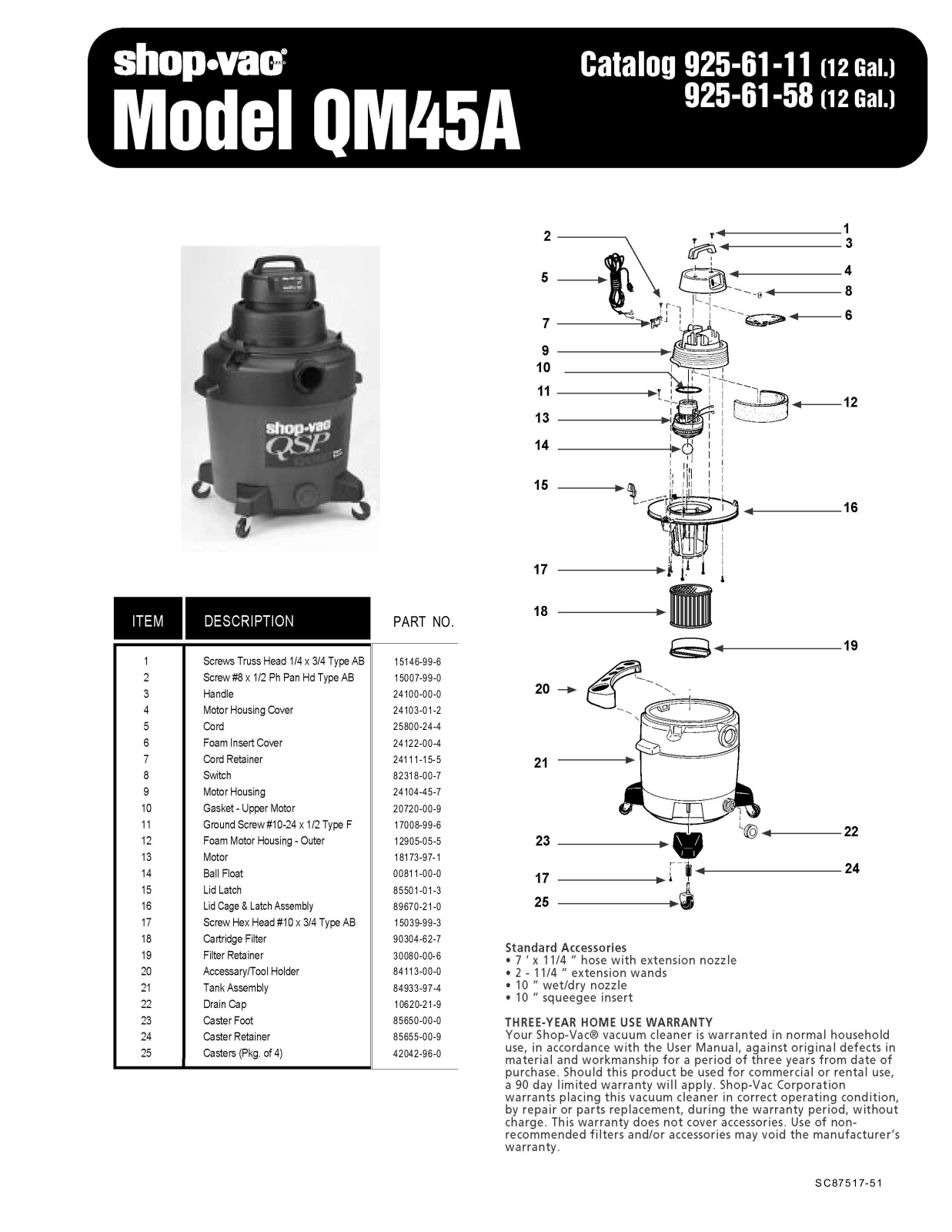 Shop Vac Qm45a Owner's Manual