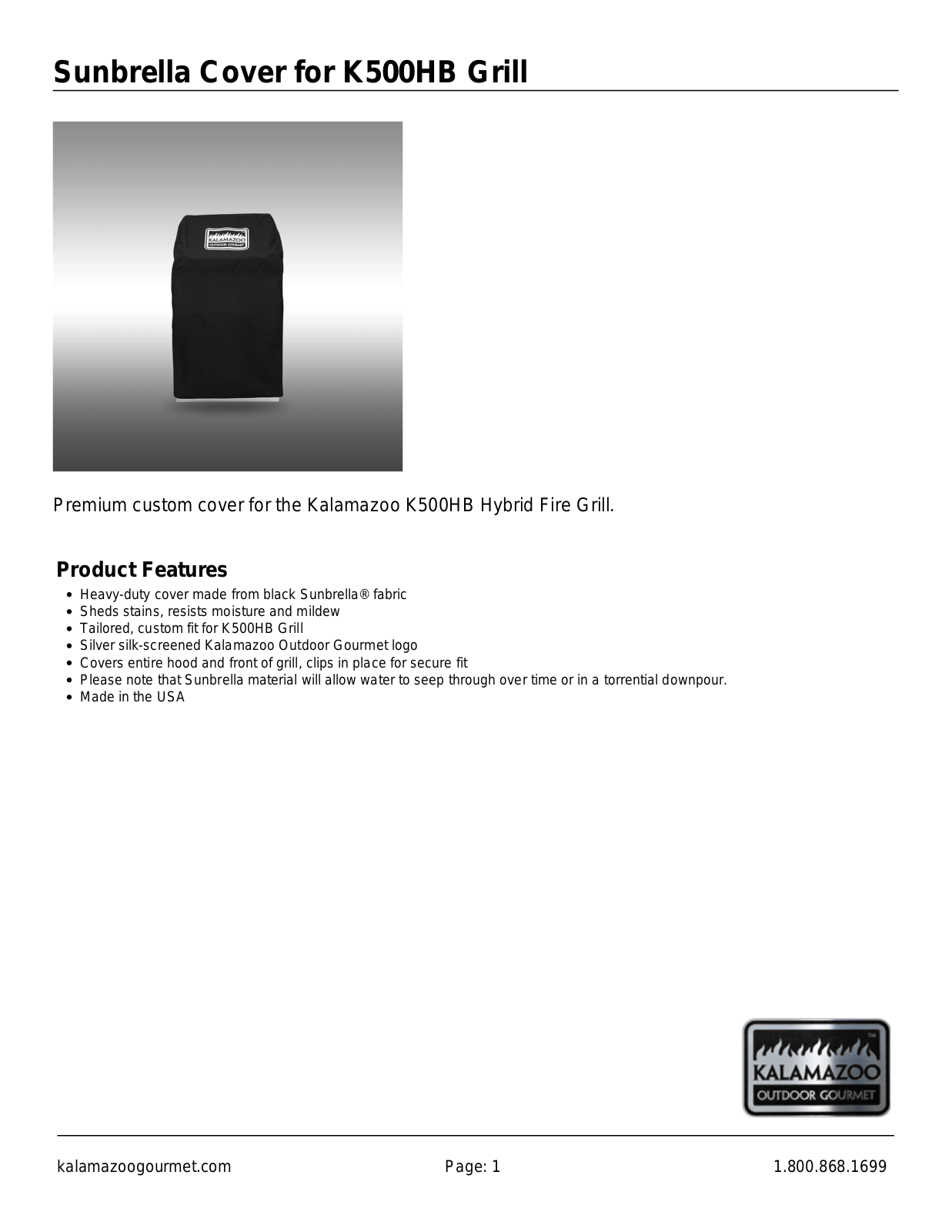 Kalamazoo Outdoor Gourmet AC-GJ-500HB Specifications Sheet