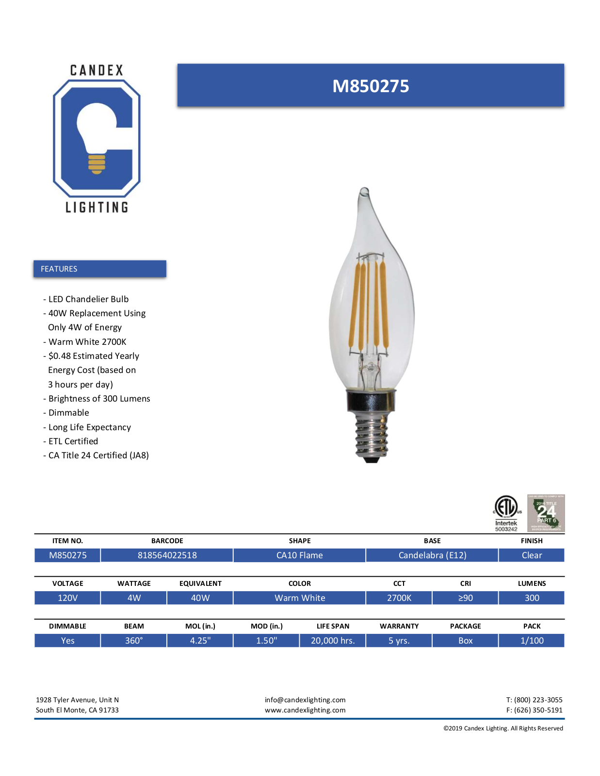 Candex Lighting CNDX1006 Specifications - ManualMachine.com