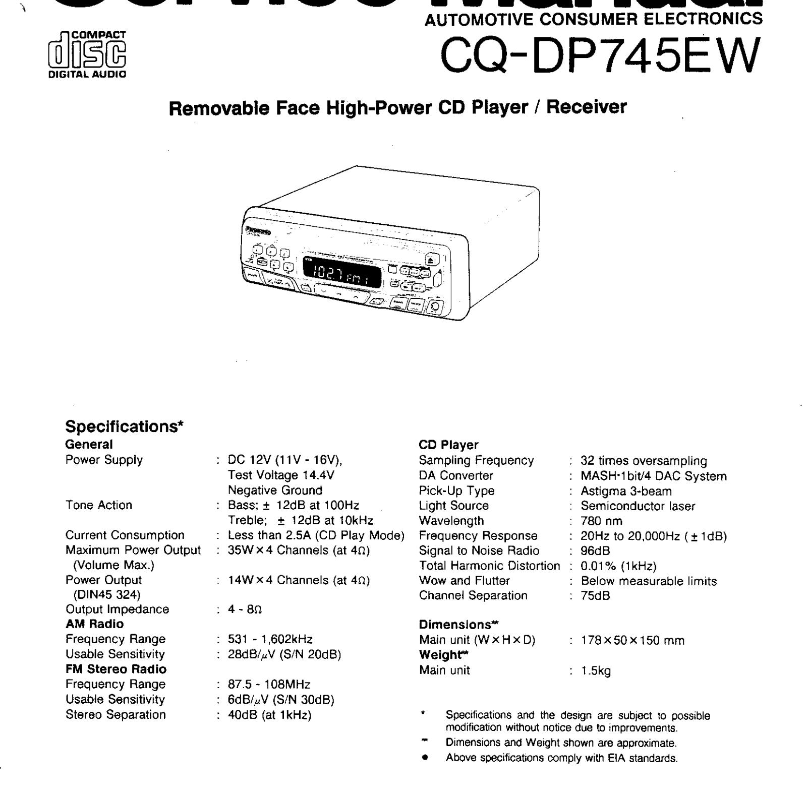 Panasonic CQ-DP745 Operating Instructions