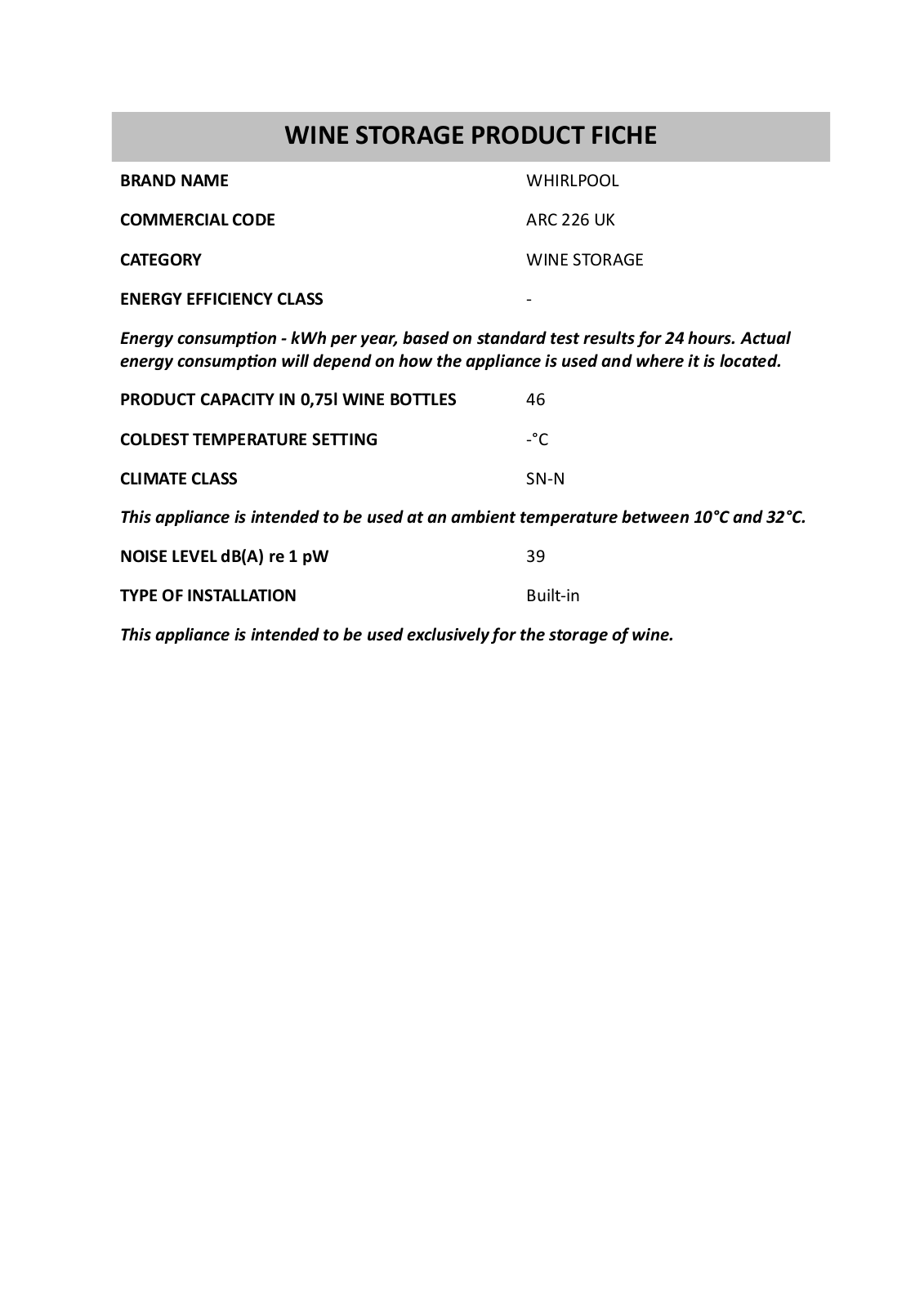 Whirlpool ARC 226 UK Product Sheet