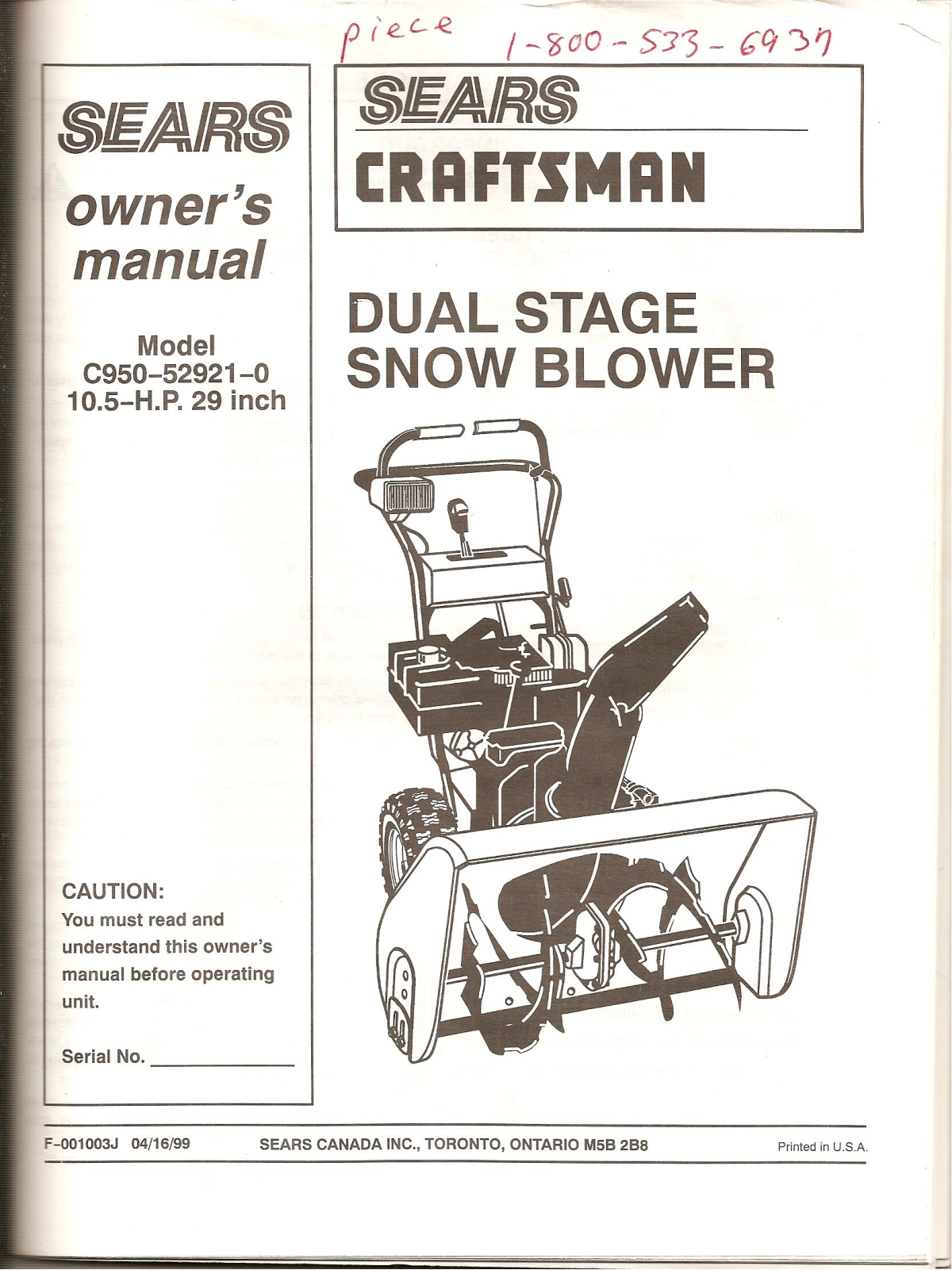 Craftsman C952-52921-0 User Manual