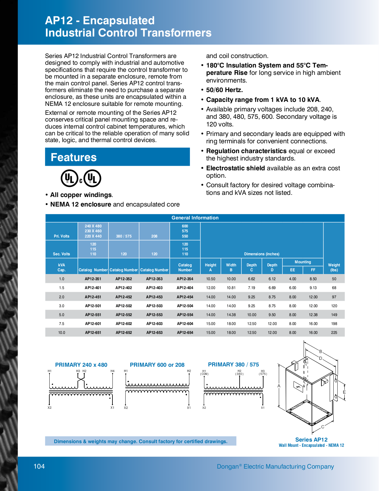 Dongan Electric Manufacturing AP12 Catalog Page