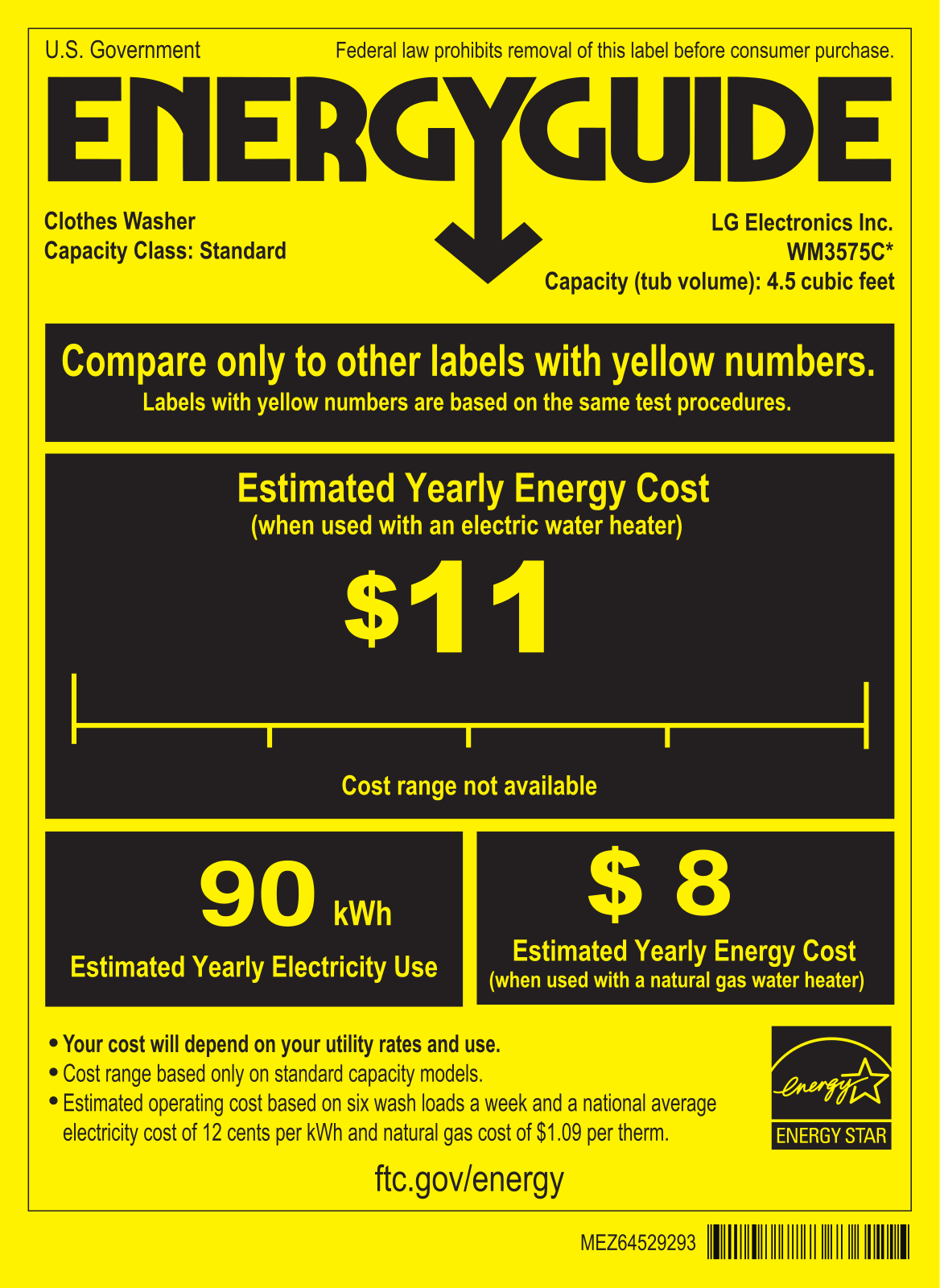 Lg WM3575CW Energy Guide