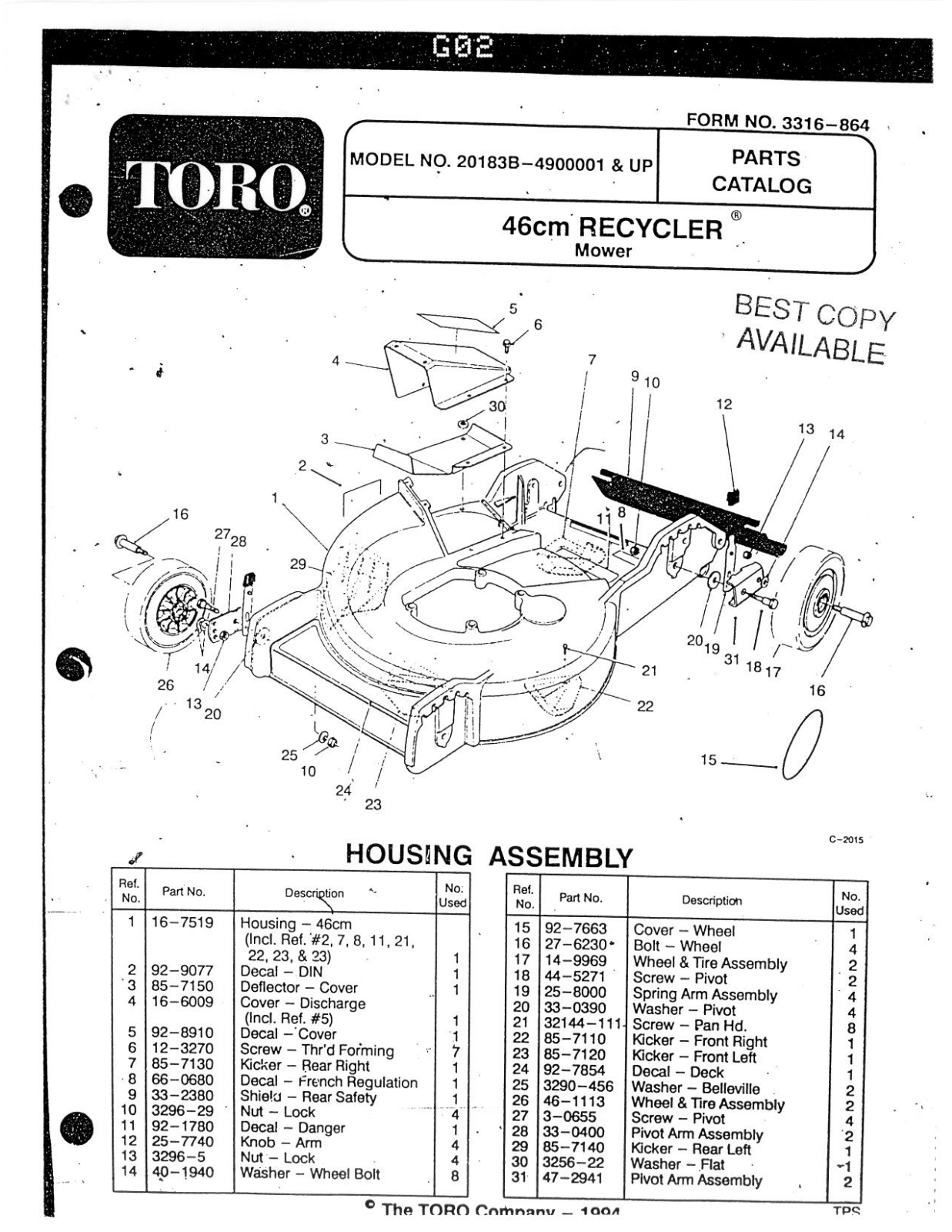 Toro 20183B Parts Catalogue