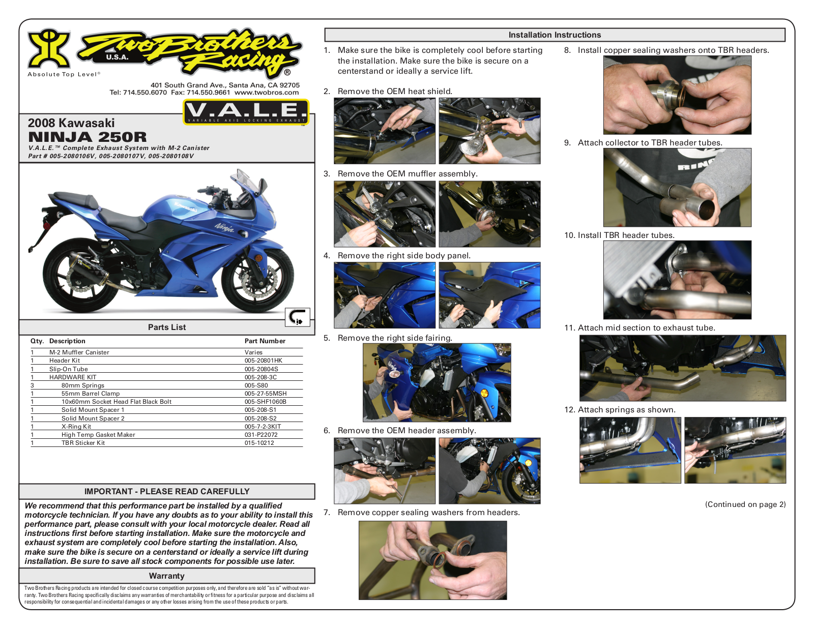 Two Brothers Racing 250R User Manual