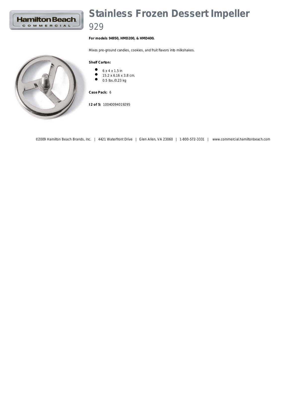 Hamilton Beach Impeller 929 Specifications