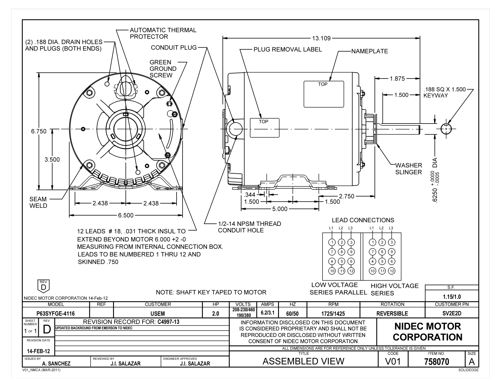 US Motors SV2E2D Dimensional Sheet