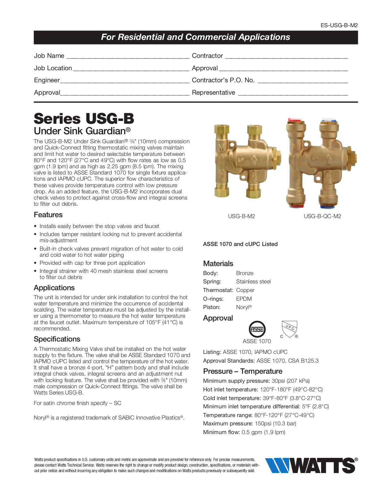 Watts USG-B User Manual