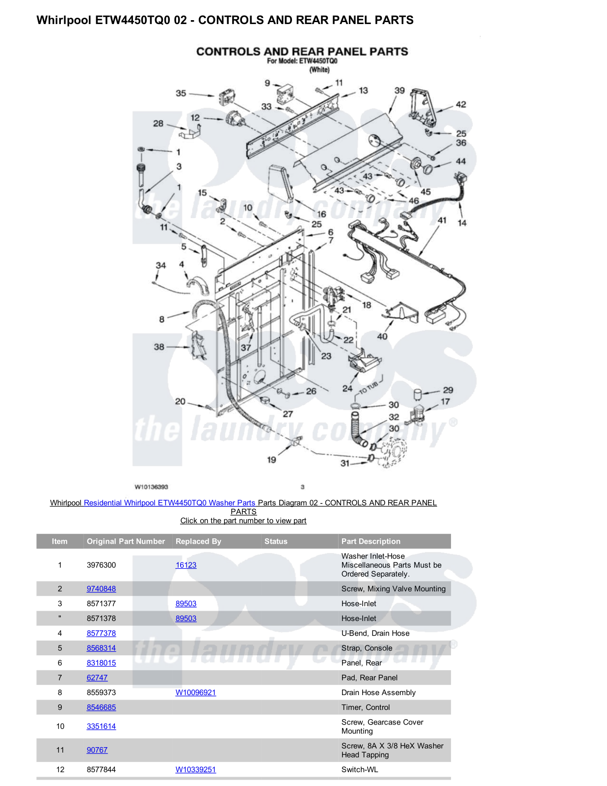 Whirlpool ETW4450TQ0 Parts Diagram