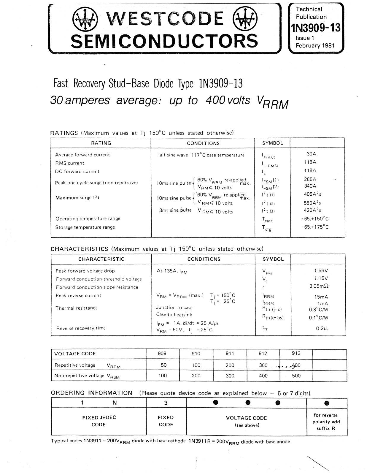 Datasheet 1N3909-13 Datasheet (Westcode Semiconductors) - ManualMachine.com