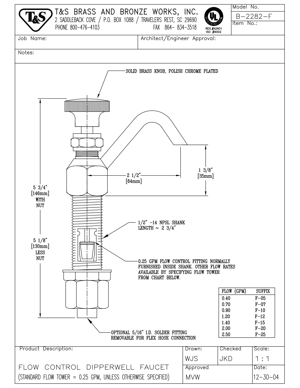 T & S Brass & Bronze Works B-2282-F General Manual