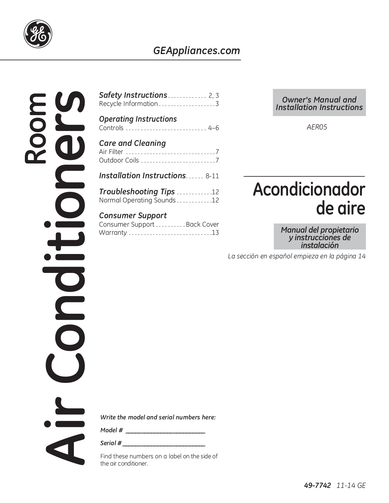 GE AER05LVW1, AER05LVQ2, AER05LVL1 Owner’s Manual