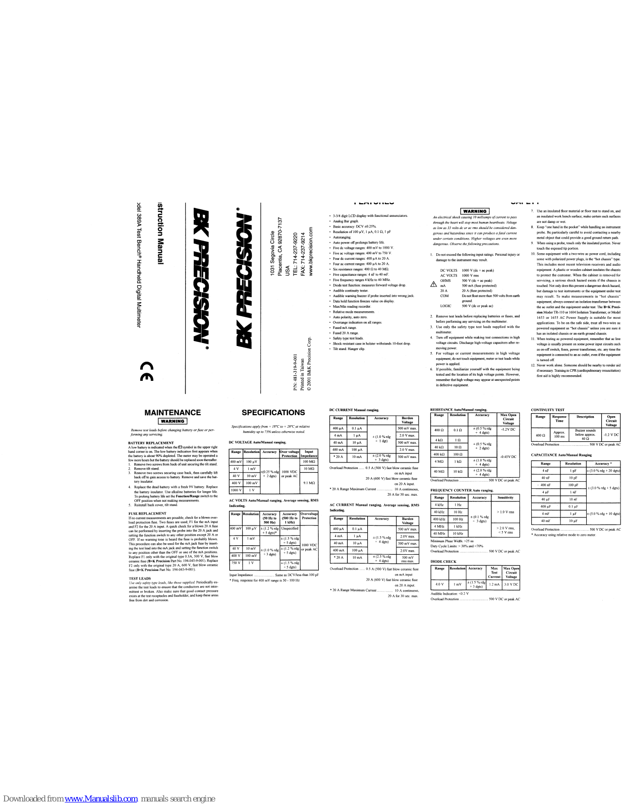 BK Precision 389A Instruction Manual