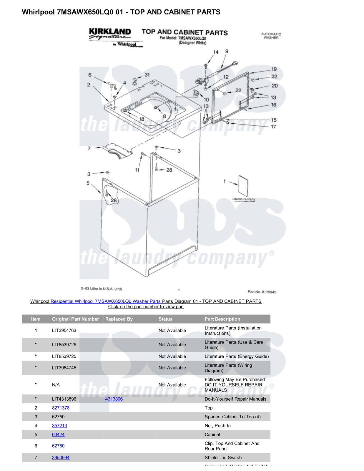 Whirlpool 7MSAWX650LQ0 Parts Diagram