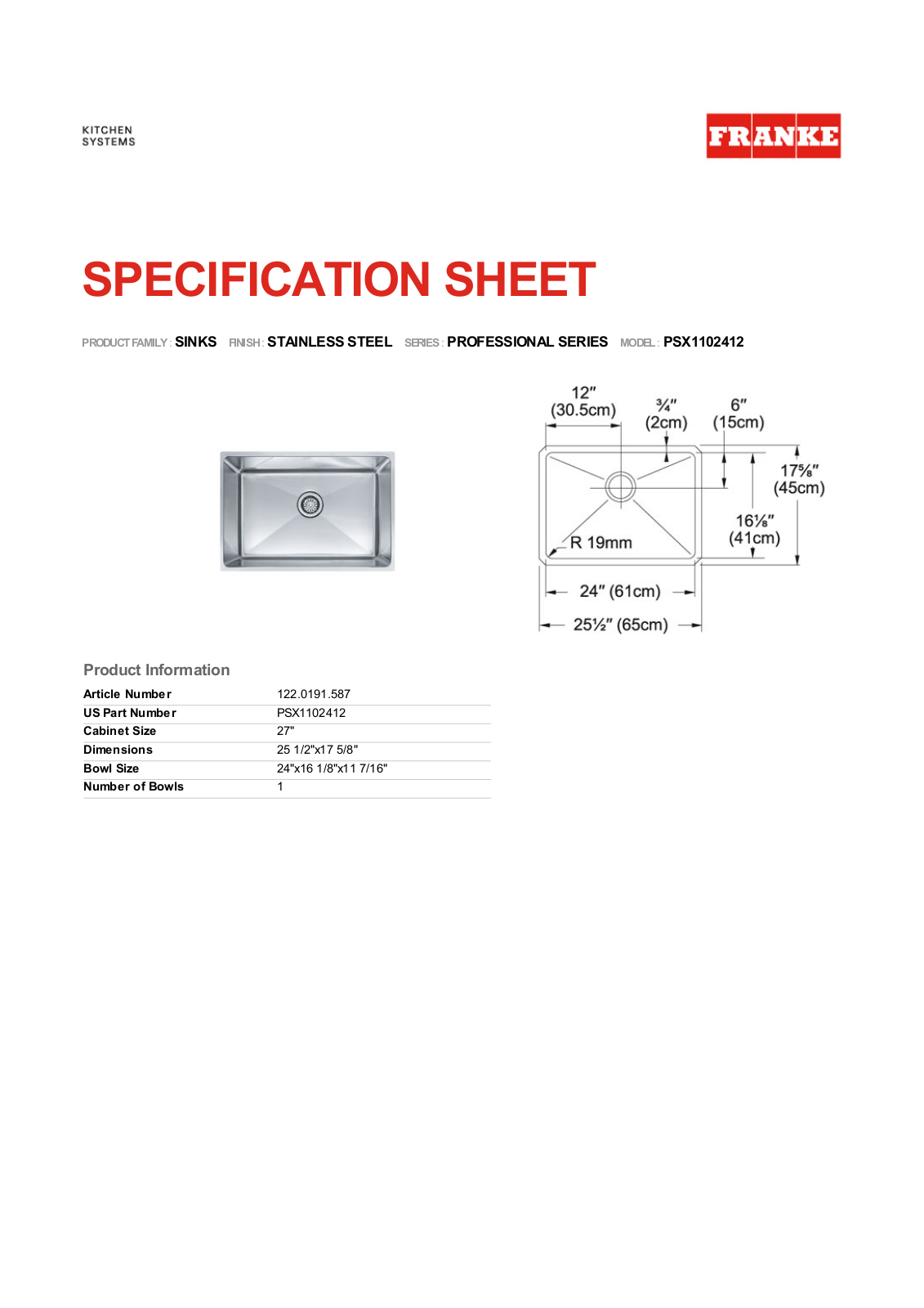 Franke Foodservice PSX1102412 User Manual