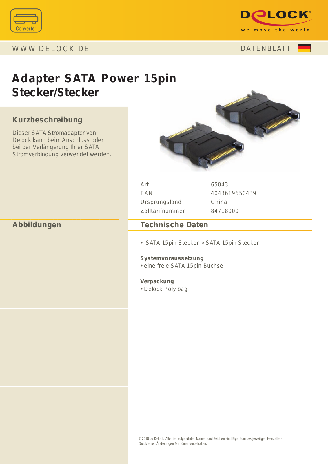 DeLOCK SATA-power adapter 15-Pin  SATA  plug on 15-Pin  SATA  plug User Manual