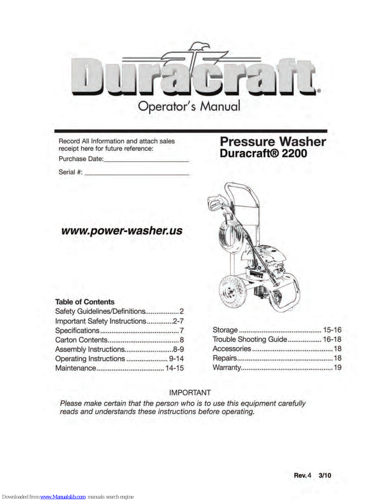 Duracraft 2200 Operator's Manual