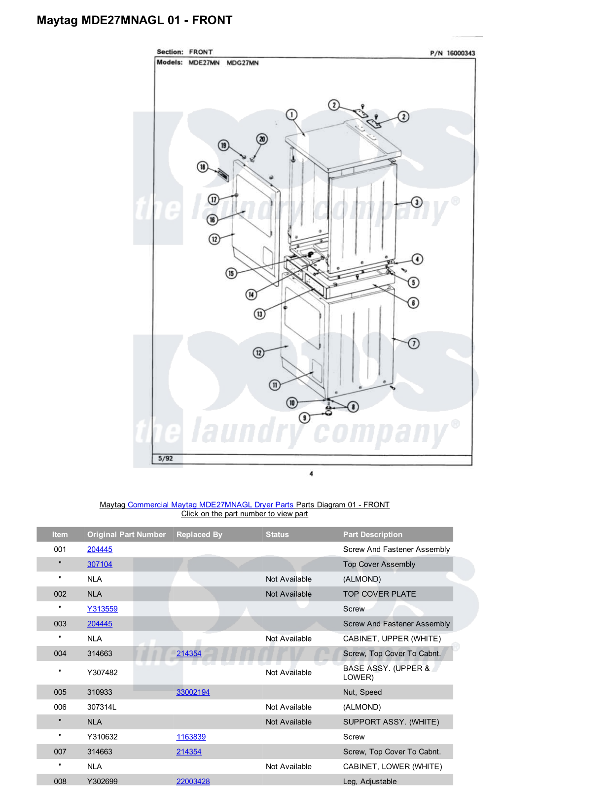 Maytag MDE27MNAGL Parts Diagram