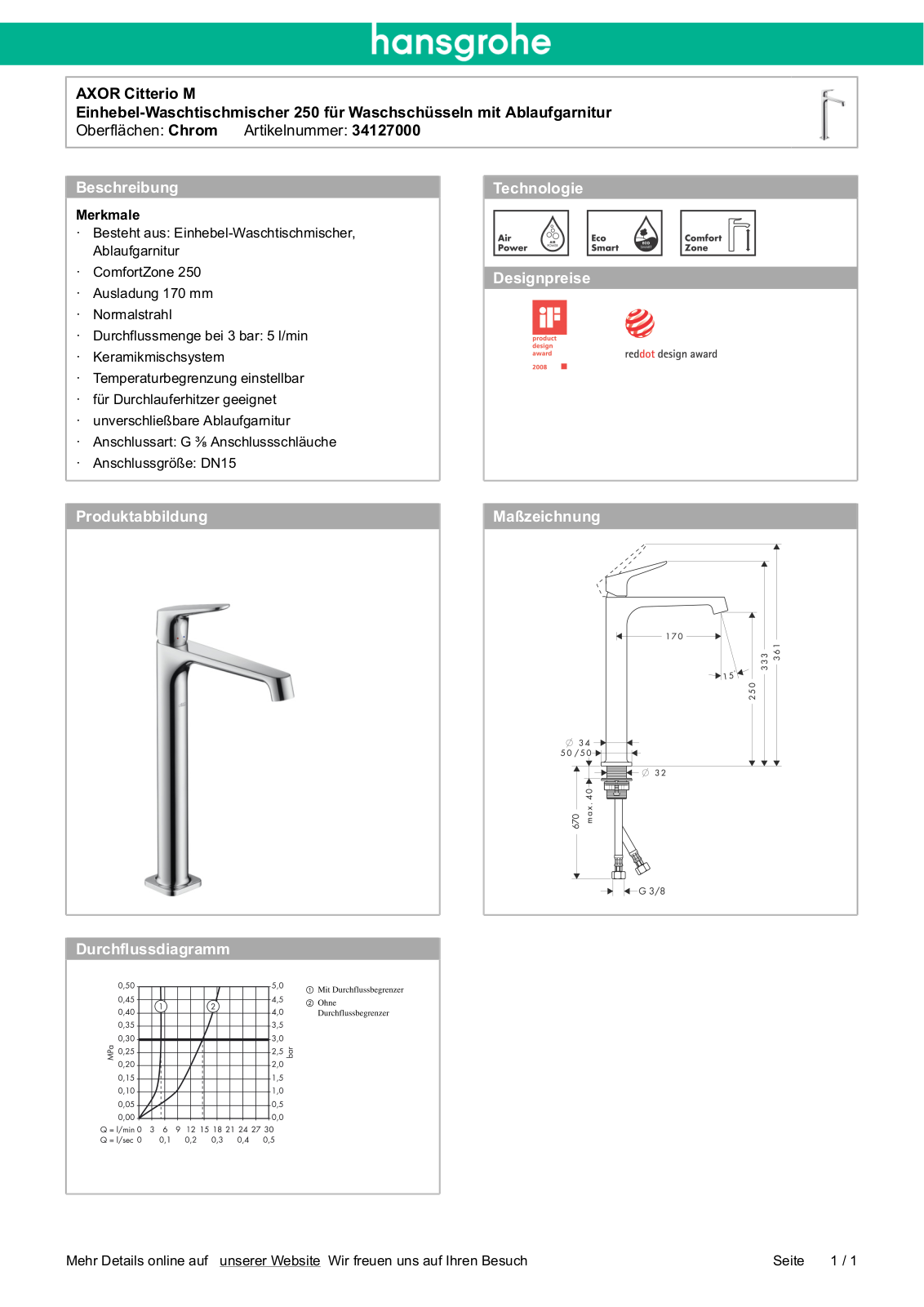 Hansgrohe AXOR 34127000 User Manual