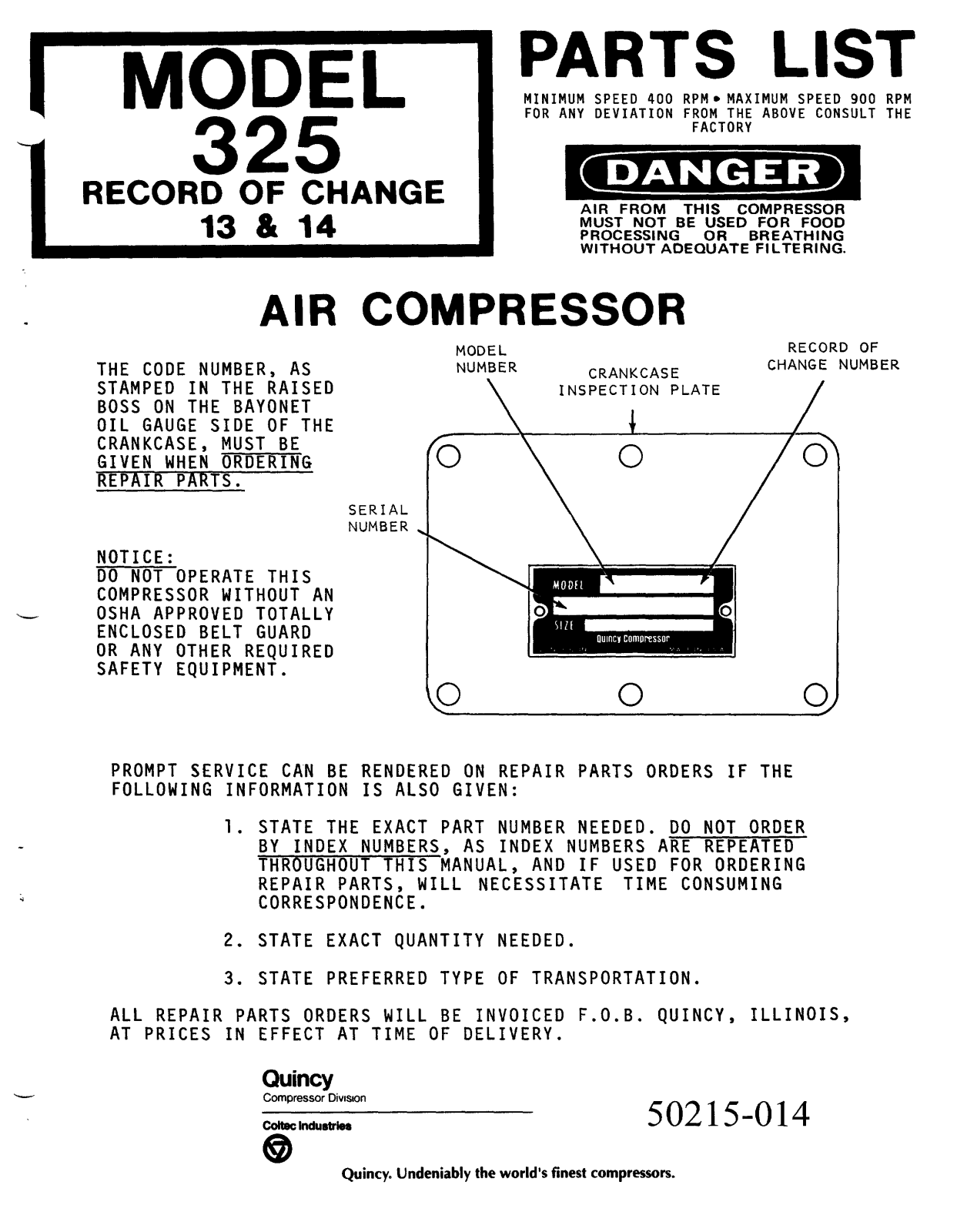 Quincy 325 Parts list