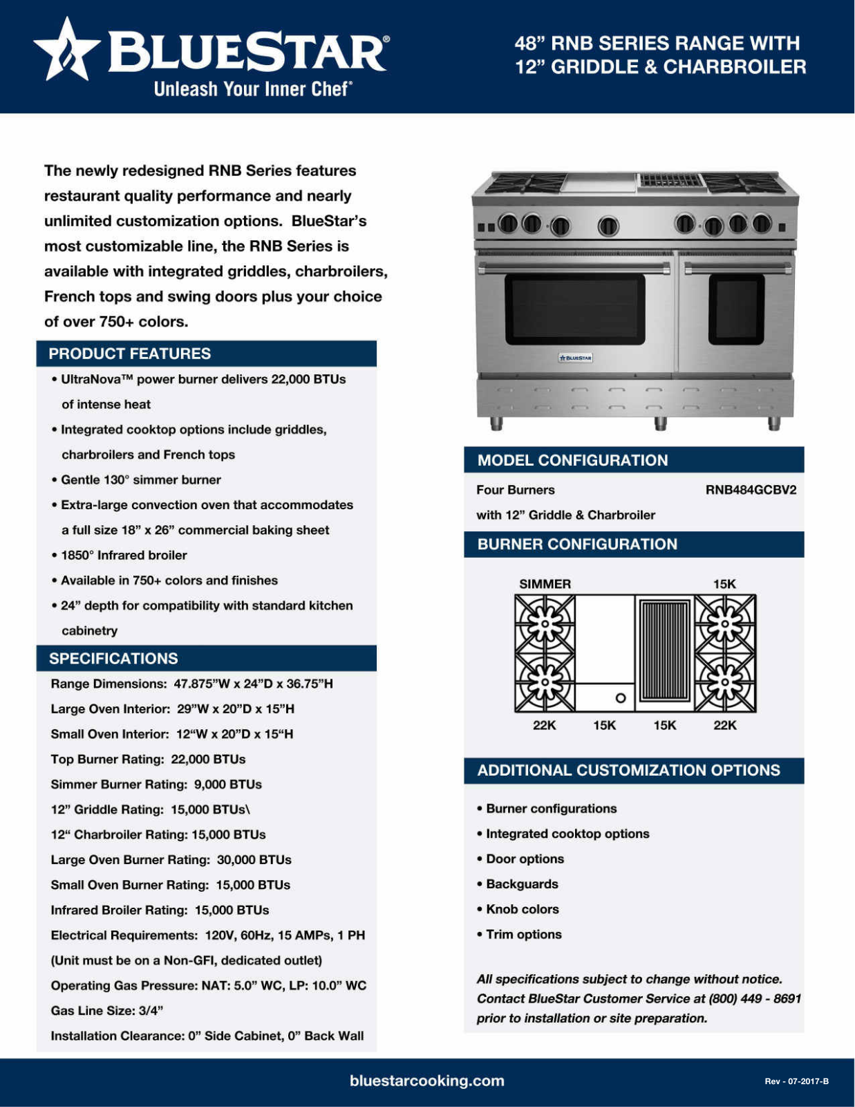 BlueStar RNB484GCBV2LCCPLT Specifications