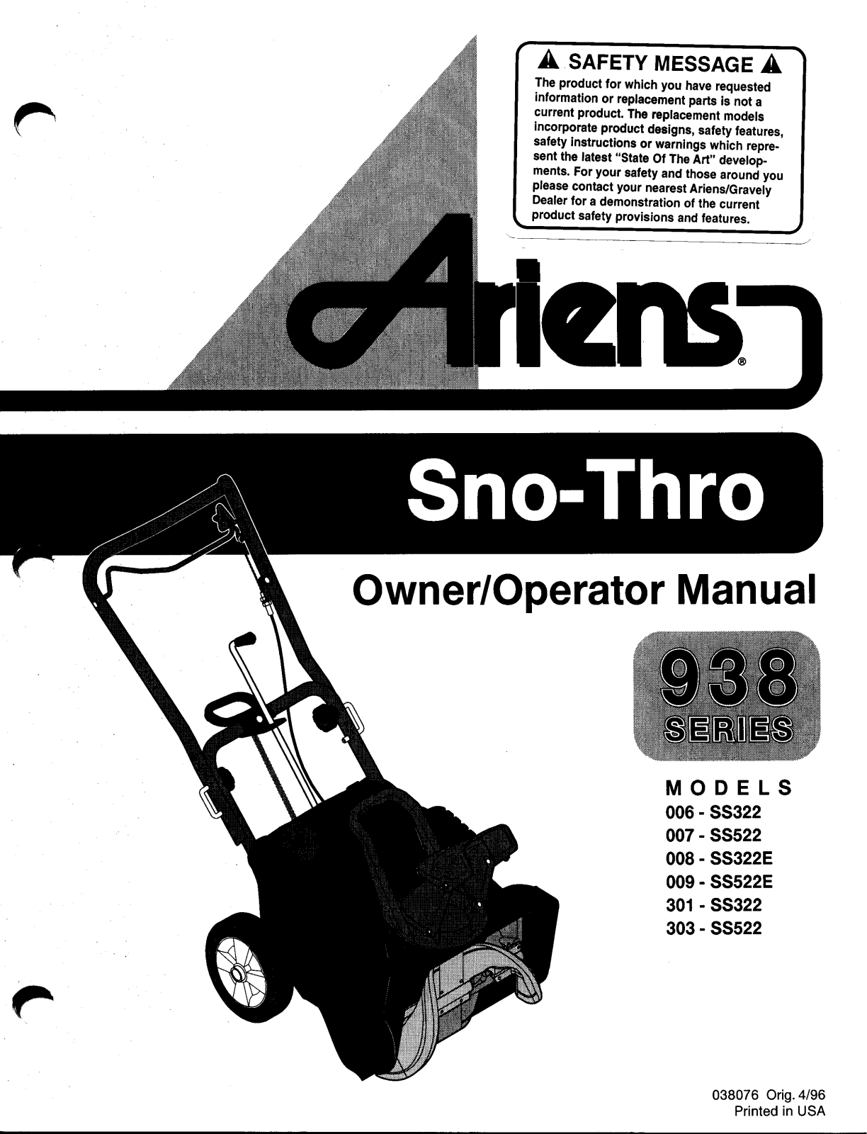 Ariens 301-SS322, 009-SS522E, 006-SS322, 303-SS522, 007-SS522 User Manual